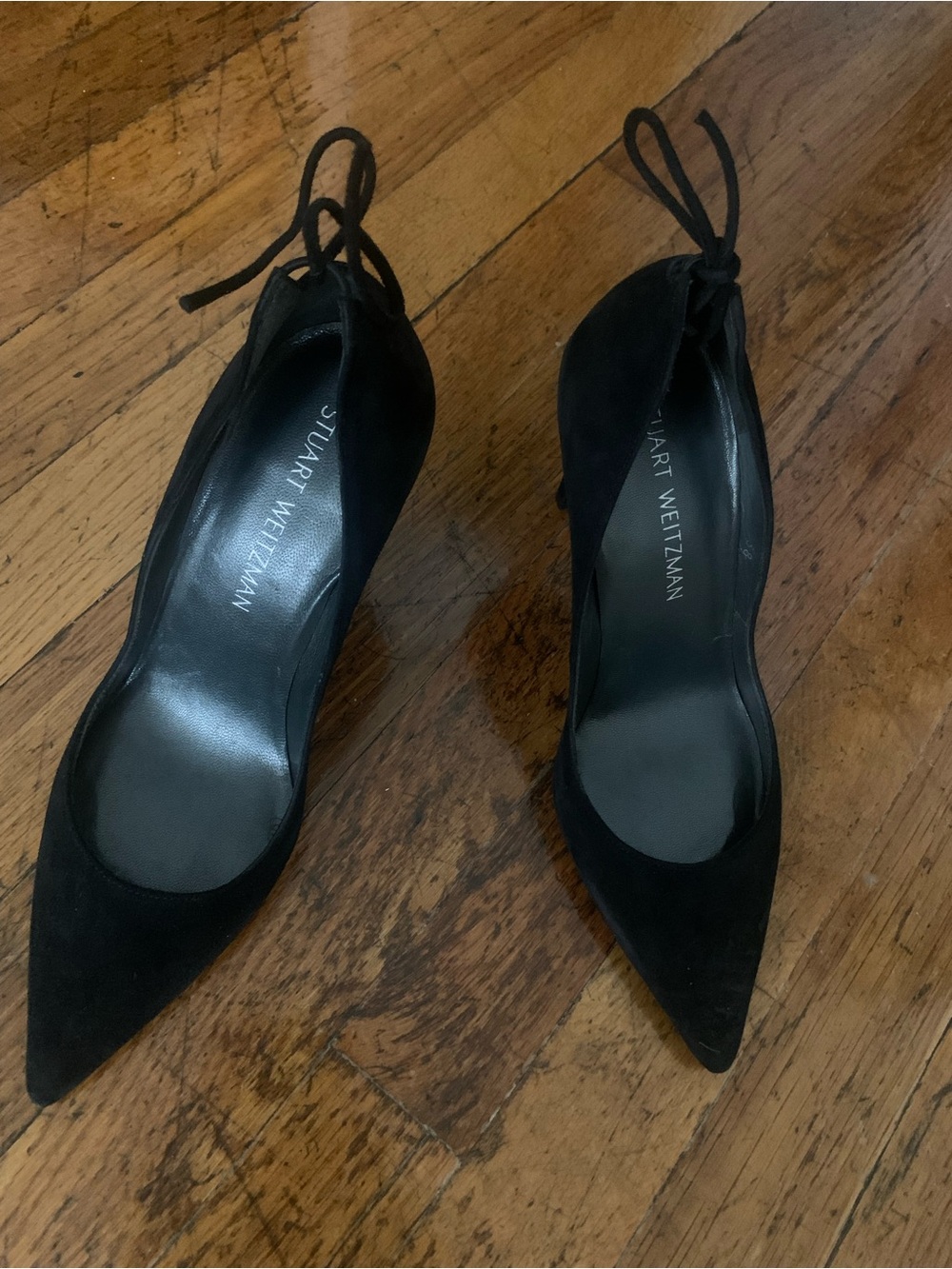 Stuart Weitzman Black Suede Pointed-Toe Ankle Tie Pumps